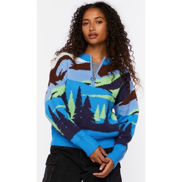 Forever 21 Intarsia Landscape Half-Zip Ski Sweater Double Lined Medium - Picture 1 of 9